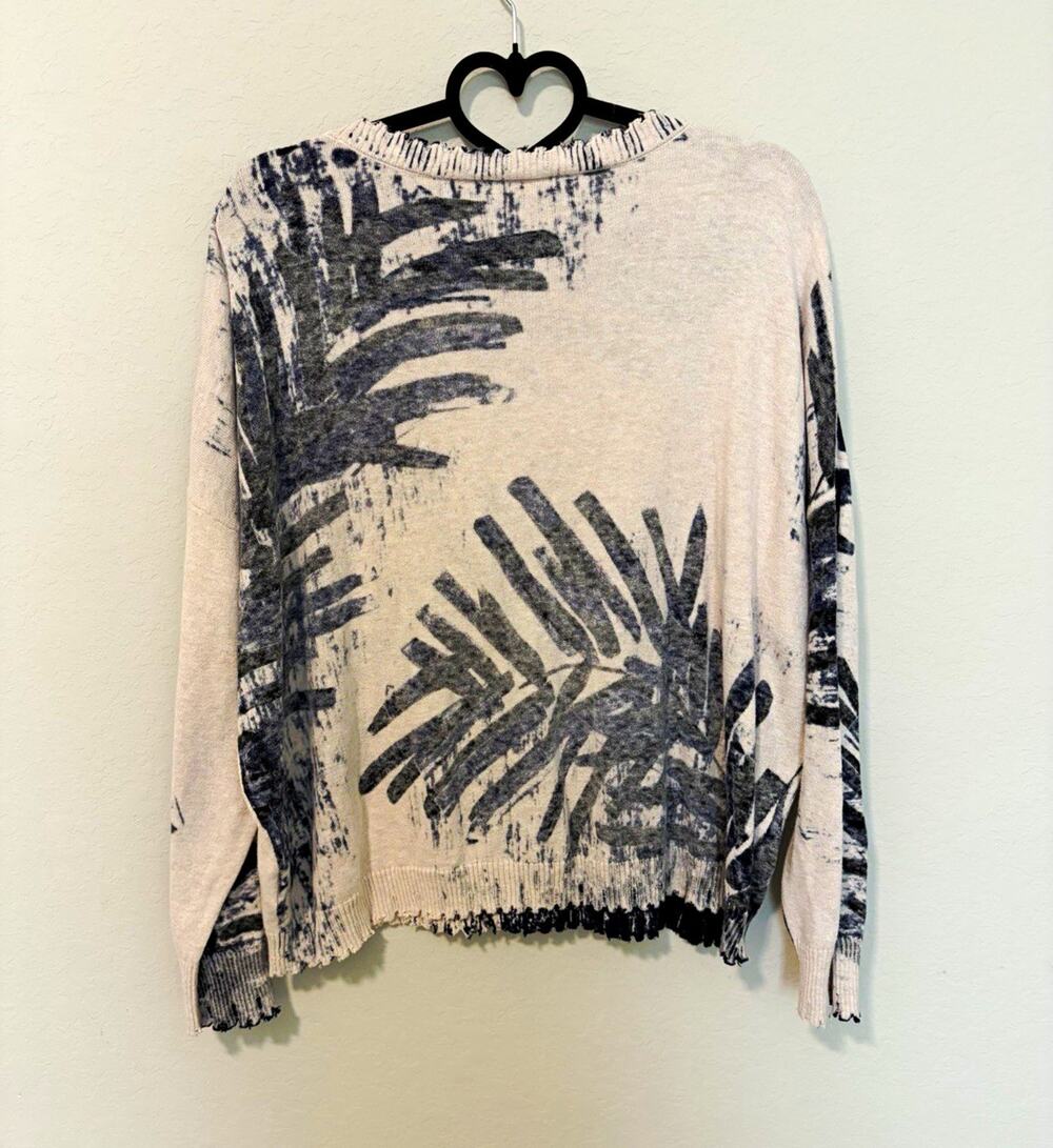 NIC+ZOE Distressed Abstract Floral Knit Blue/Cream Boxy Long Sleeve Sweater 2XL
